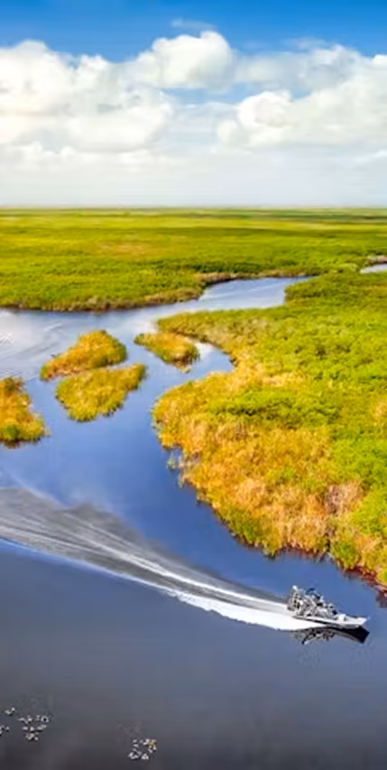 Boat speeding through winding waterway surrounded by lush green marshland under a partly cloudy sky.
