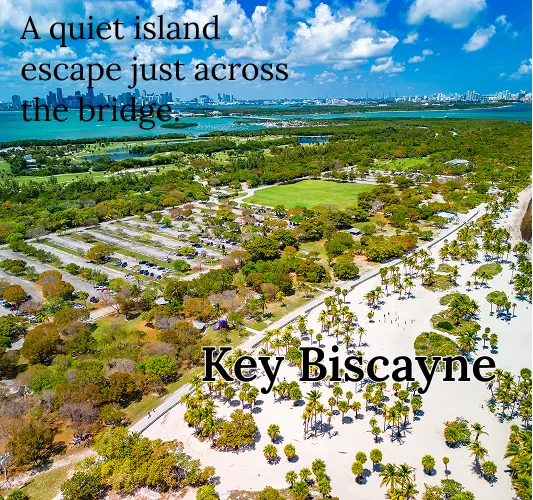Aerial view of lush Key Biscayne island with palm trees, sandy areas, and city skyline in the background.