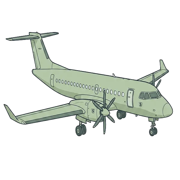 Illustration of a light green twin-propeller airplane viewed from front-left side.