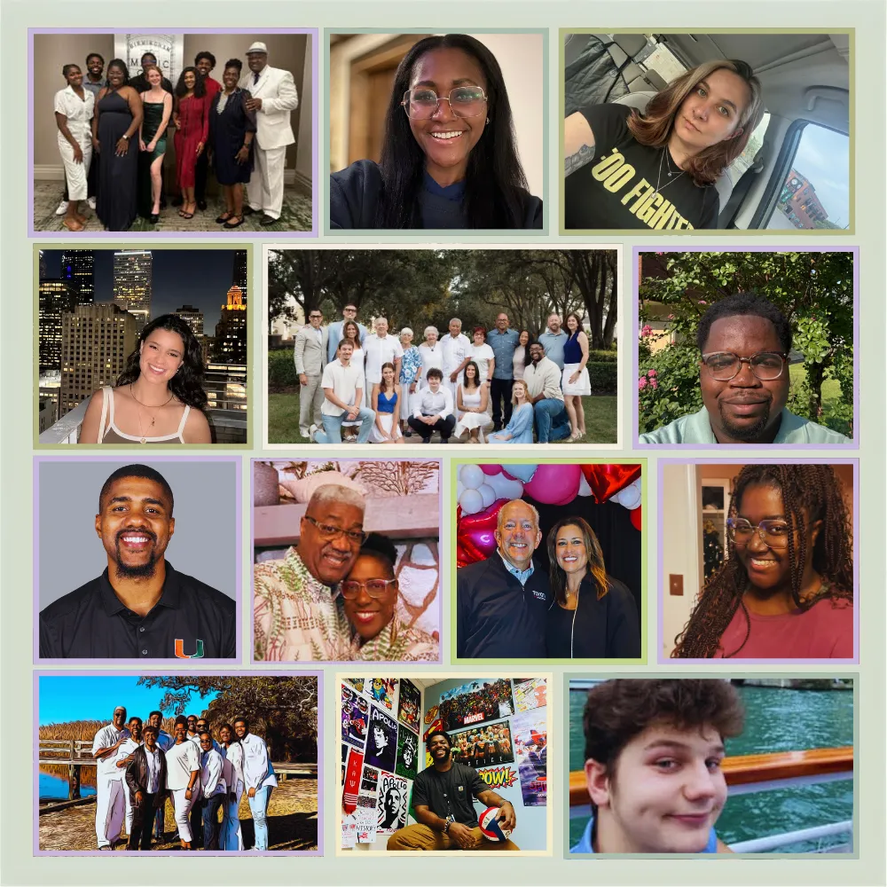 Collage of diverse people smiling, including group photos and individual portraits in various settings.