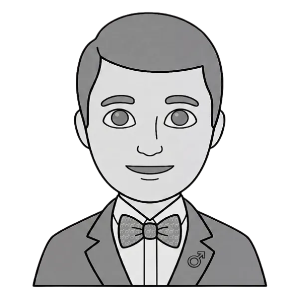 Cartoon male with short hair wearing a suit jacket, bow tie, and male gender symbol pin.