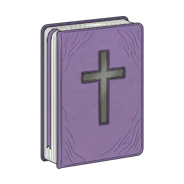 Purple Bible with a black cross on the cover and visible pages.