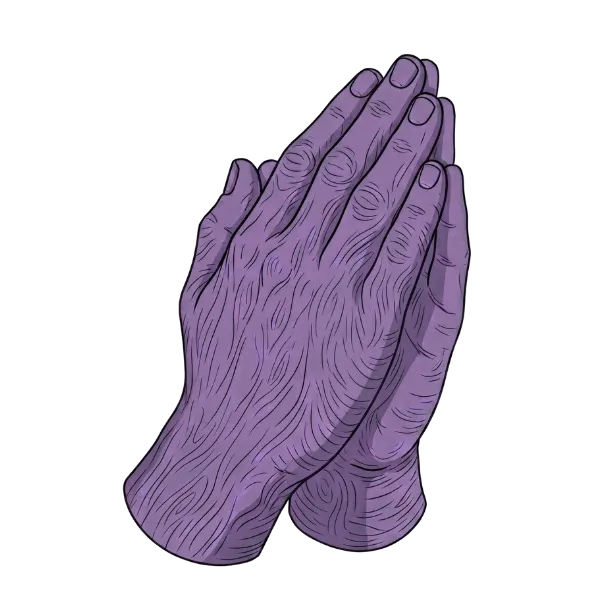 Illustration of two purple hands pressed together in a praying gesture with detailed line texture.