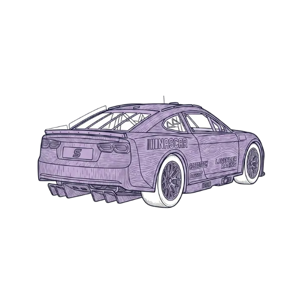 Illustration of a lavender NASCAR race car with sponsors and large rear spoiler.
