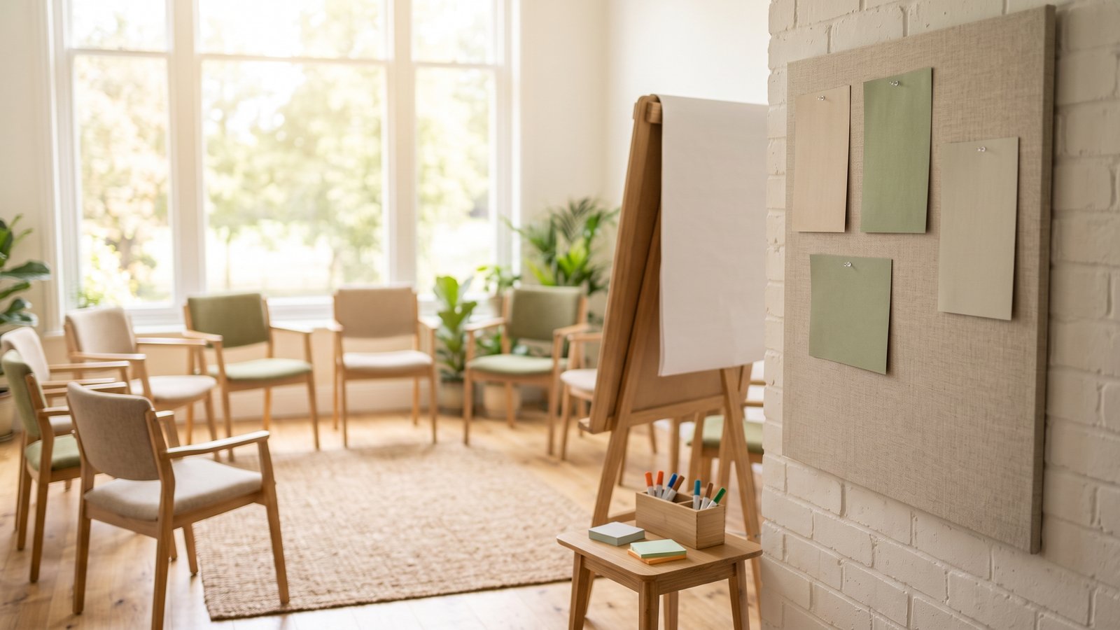Seminarraum mit Stuhlkreis, Flipchart und Moderationskarten