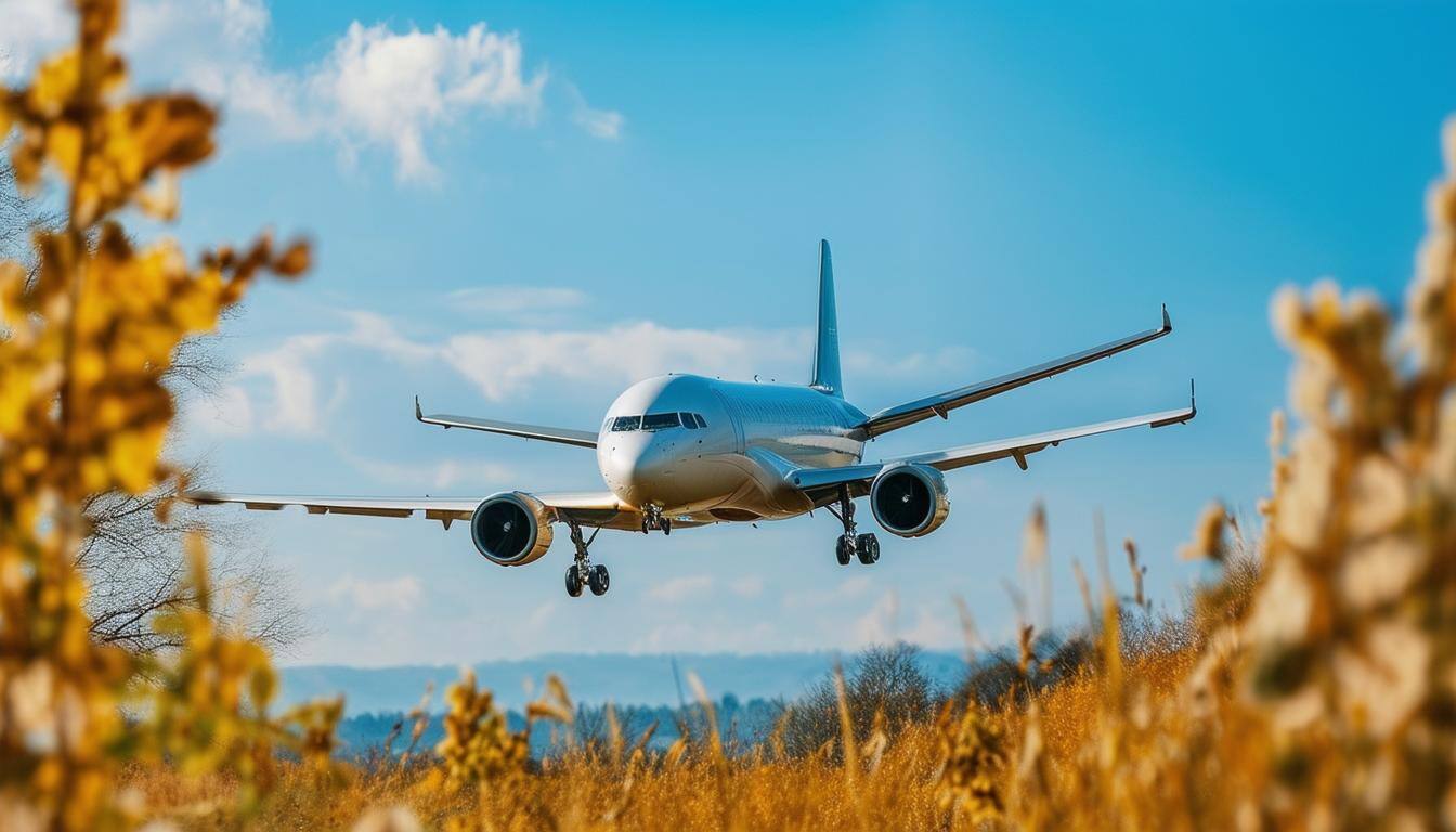 Flugzeug im Landeanflug mit ausgefahrenem Fahrwerk vor blauem Himmel und herbstlicher Landschaft.