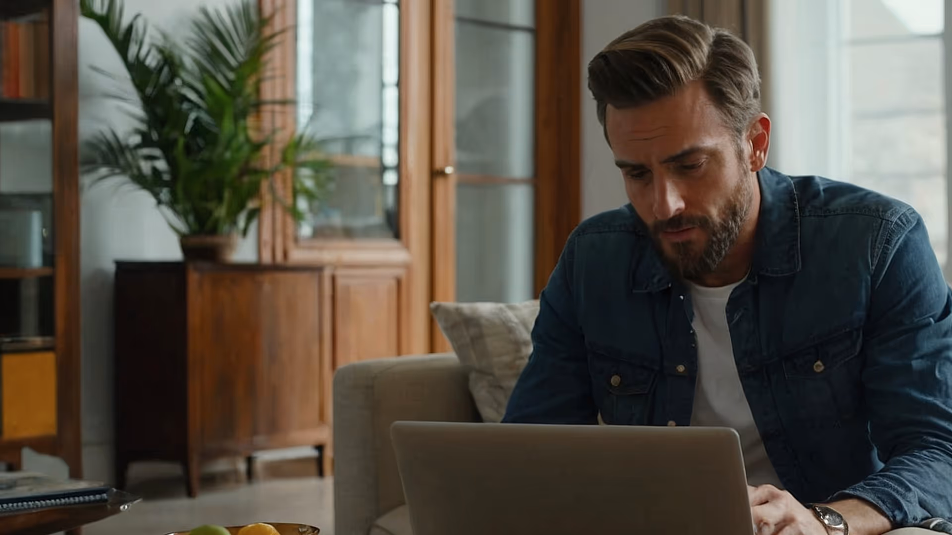 Man with beard and denim jacket focused on his laptop in a cozy living room with wooden cabinets.