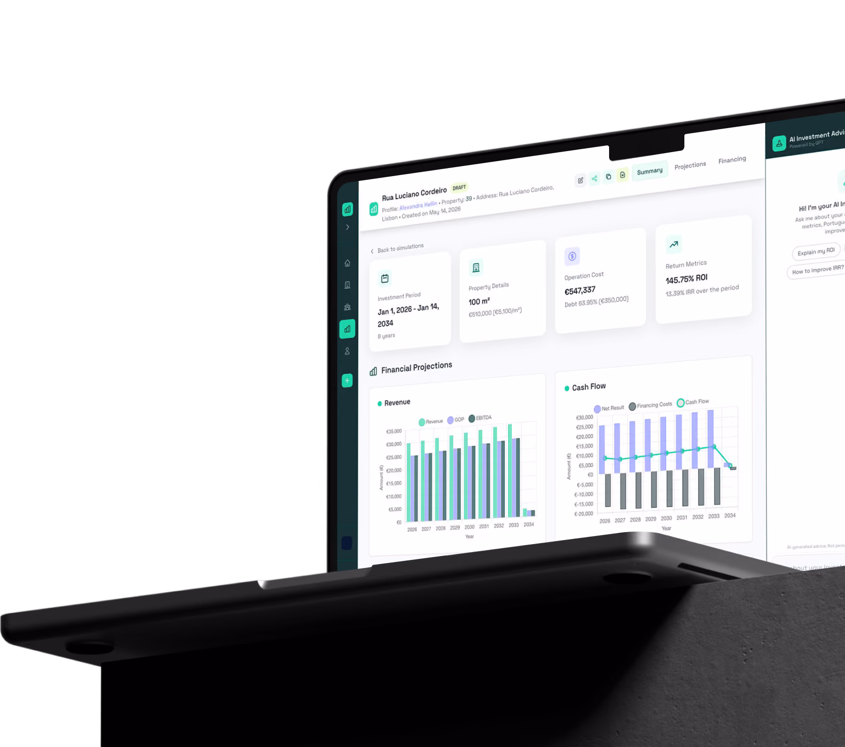 Laptop screen showing financial projections, investment period, property details, and ROI summary.