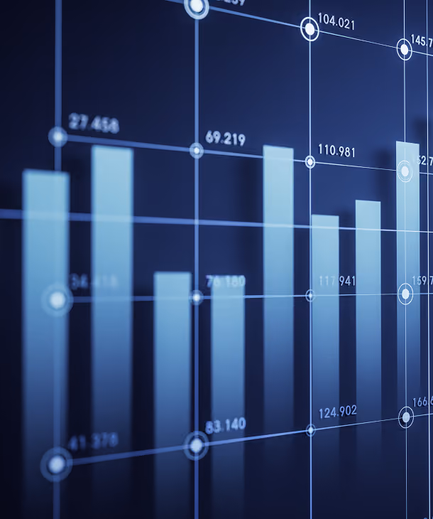 Blue bar chart with numerical data points on a dark background representing financial or data analysis.