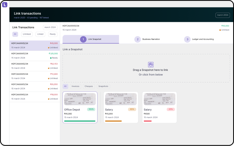 MoneyLink transaction linking screen