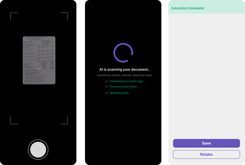 Camera capture, AI scanning, and save screens