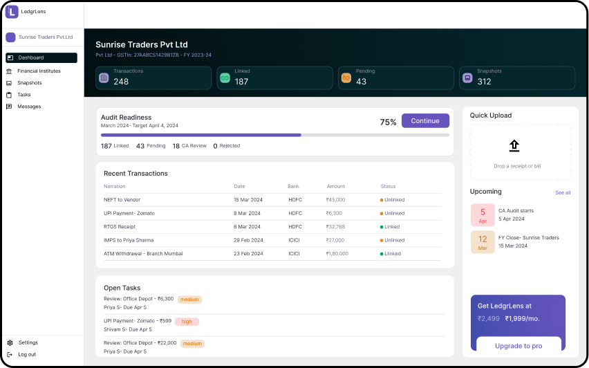 Dashboard overview with audit readiness