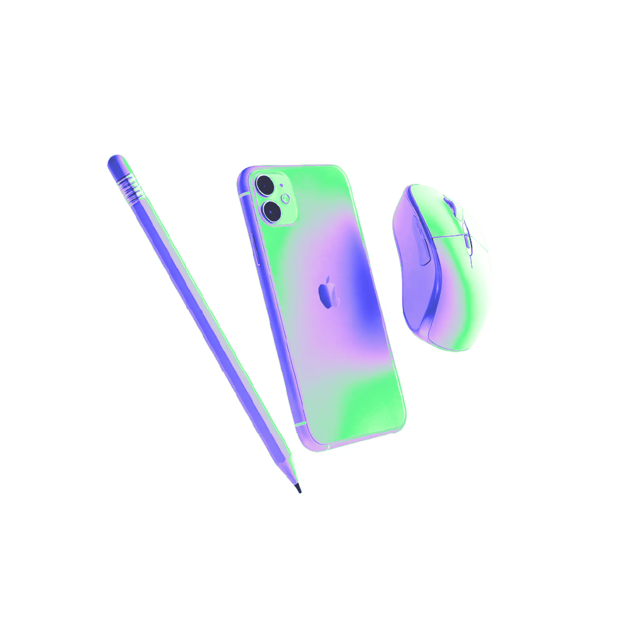 Set di strumenti digitali composto da smartphone, mouse e penna grafica, caratterizzati da una texture fluida e iridescente nei toni del verde e viola neon. Rappresentazione del kit tecnologico per i corsi AI di Nana Bianca a Firenze."
