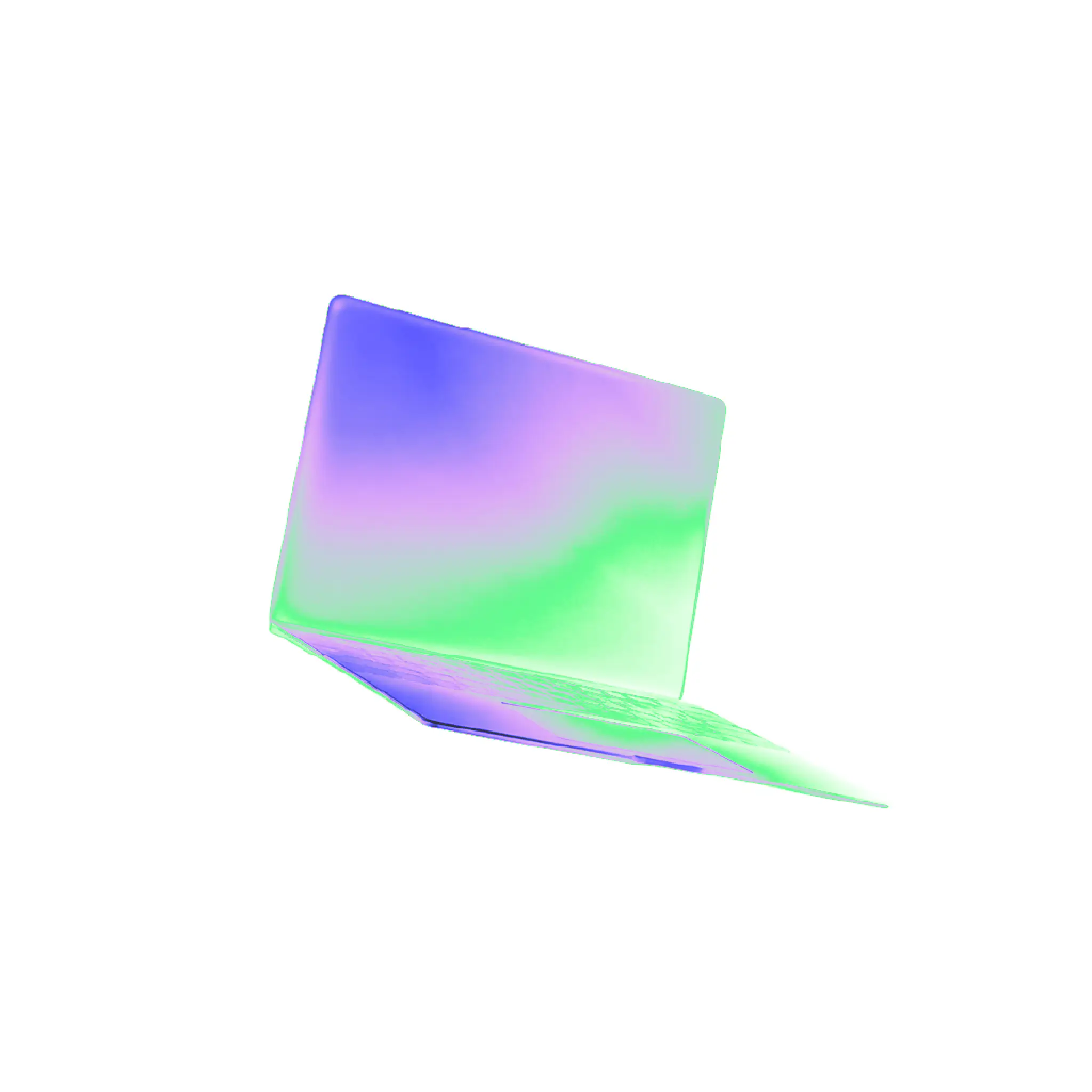 Laptop stilizzato con superfici cangianti e riflessi futuristici, rappresentazione dei laboratori digitali e della formazione professionale a Firenze.