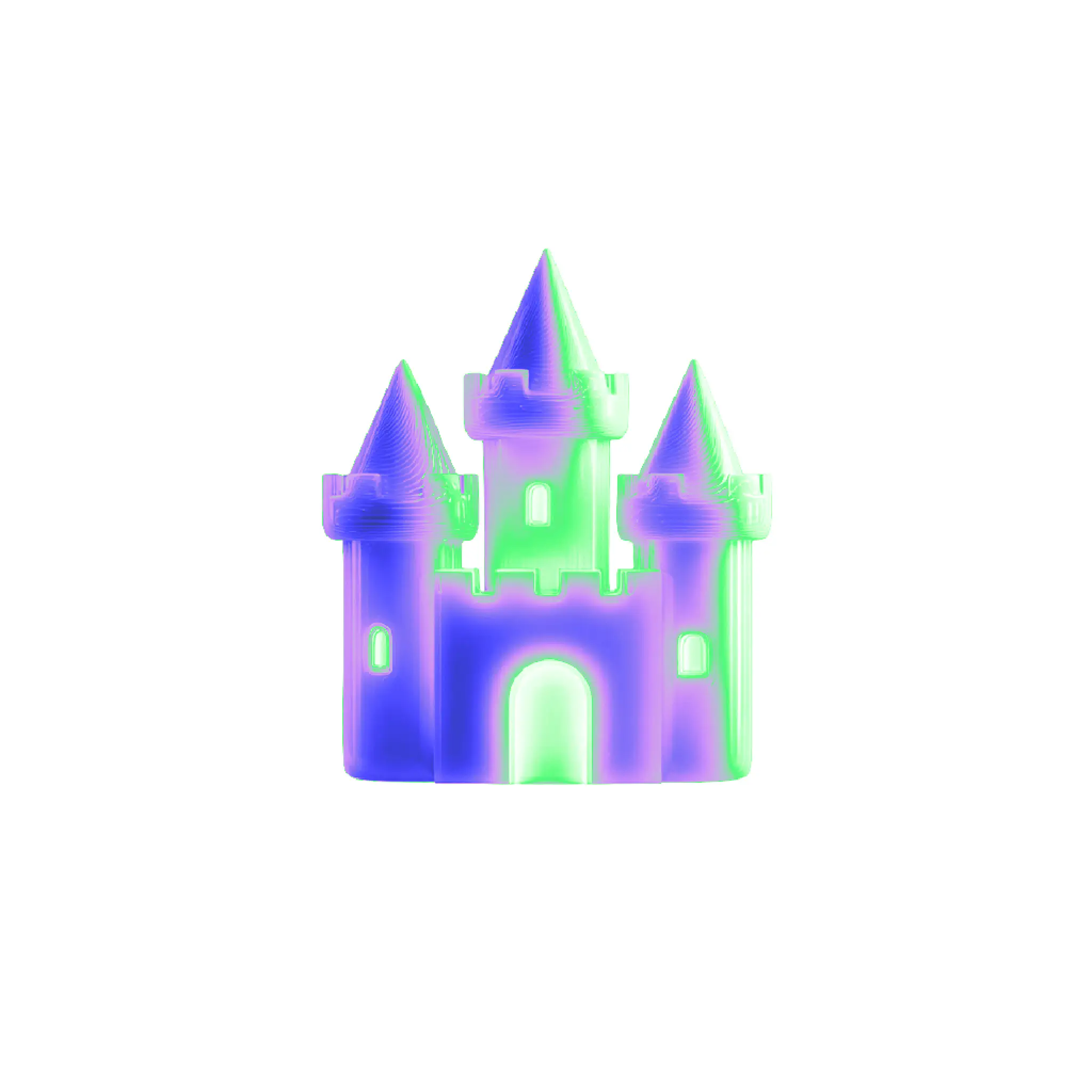 cona 3D di un castello medievale con texture digitale cangiante, metafora della solidità storica di Firenze che incontra l'innovazione tecnologica.