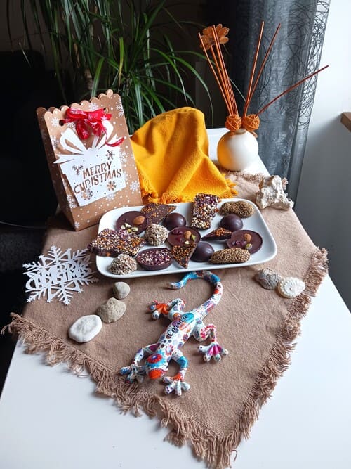 Chocolat cru fait maison à la poudre de cacao Criollo cru, au beurre de cacao Criollo cru et au miel cru d'abeilles noires des Pyrénées