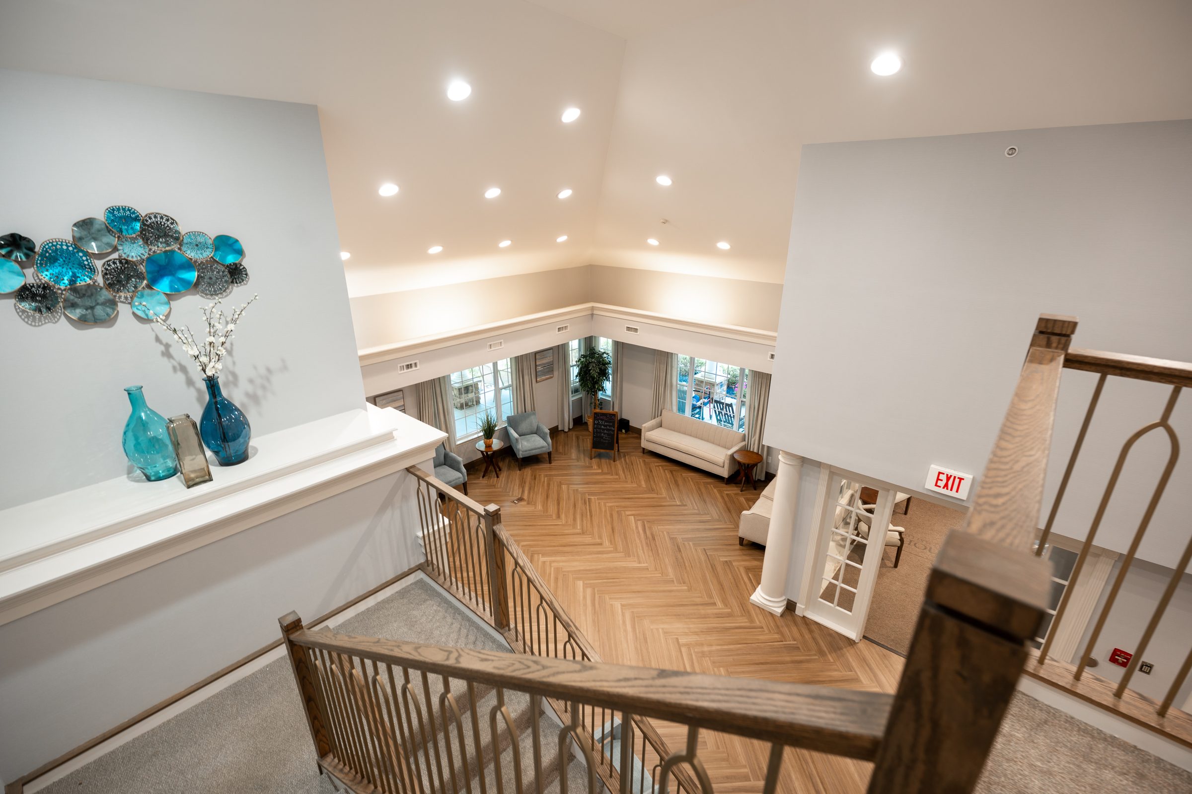Spring Home assisted living lobby with herringbone floor and seating area