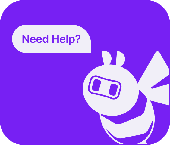 Stylized white bee cartoon with a speech bubble saying 'Need Help?' on a purple background.
