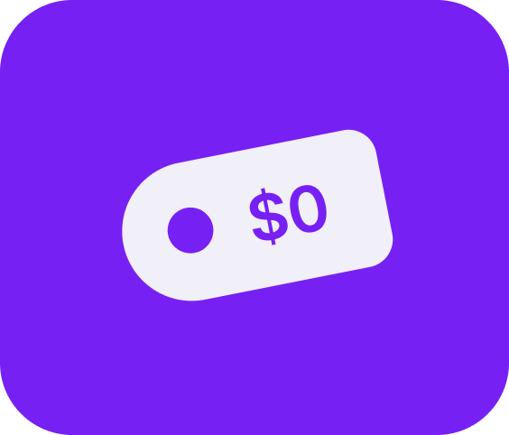 White price tag icon with a purple dollar sign and zero on a purple rounded square background.