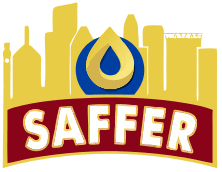 SAFFER logo with a water drop symbol and a city skyline silhouette in gold.