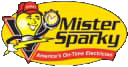 Mister Sparky logo with a smiling electrician mascot holding a light bulb and waving.