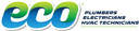 Green and blue stylized eco logo with leaf incorporated into the letter O.