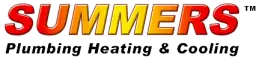 Summers Plumbing Heating & Cooling logo with gradient orange to yellow text and black tagline.