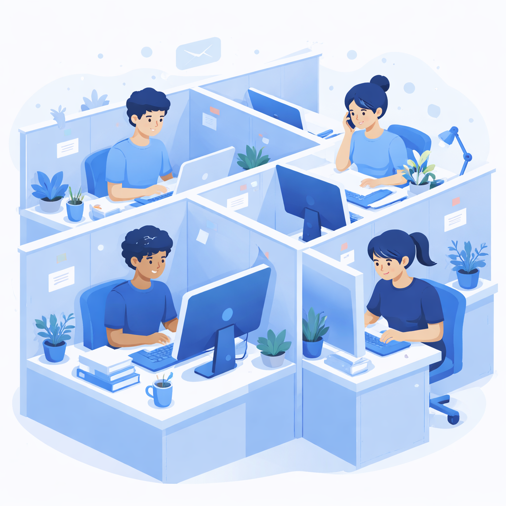Illustration of four office workers in cubicles engaged with computers and phone, surrounded by plants and office supplies.