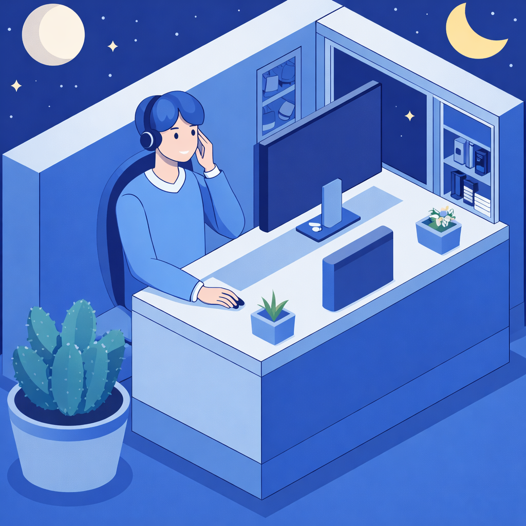 Illustration of a person wearing headphones working on a computer at a desk at night with a full moon and crescent moon in the sky.
