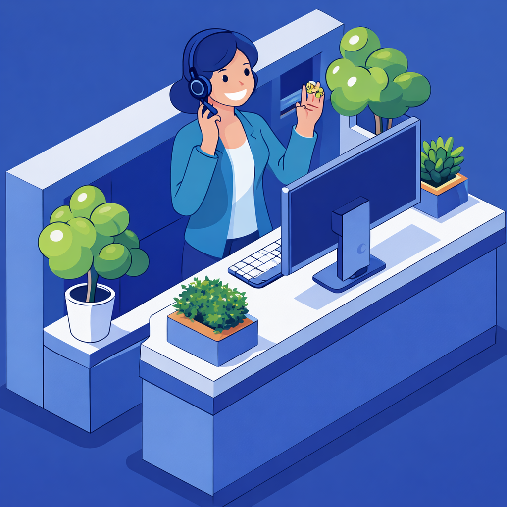 Smiling woman wearing headset and blue blazer at a modern reception desk with computer and potted plants.