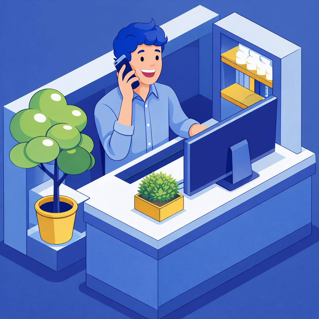 Illustration of a man with blue hair wearing a blue shirt, talking on the phone at a white desk with a computer monitor, a small potted plant, a larger potted plant nearby, and shelves with items.