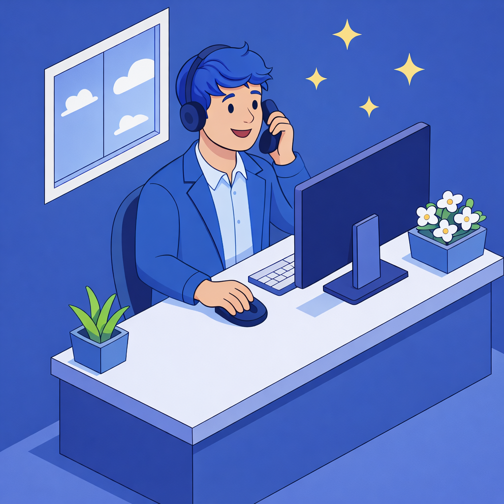 Illustration of a person with blue hair and headset sitting at a desk using a computer and smiling while talking on the phone.