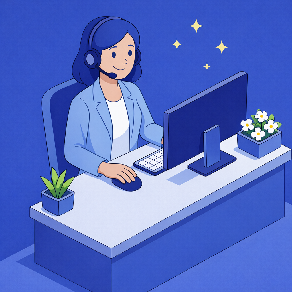 Illustration of a woman with blue hair and a headset working at a desk with a computer and two potted plants.