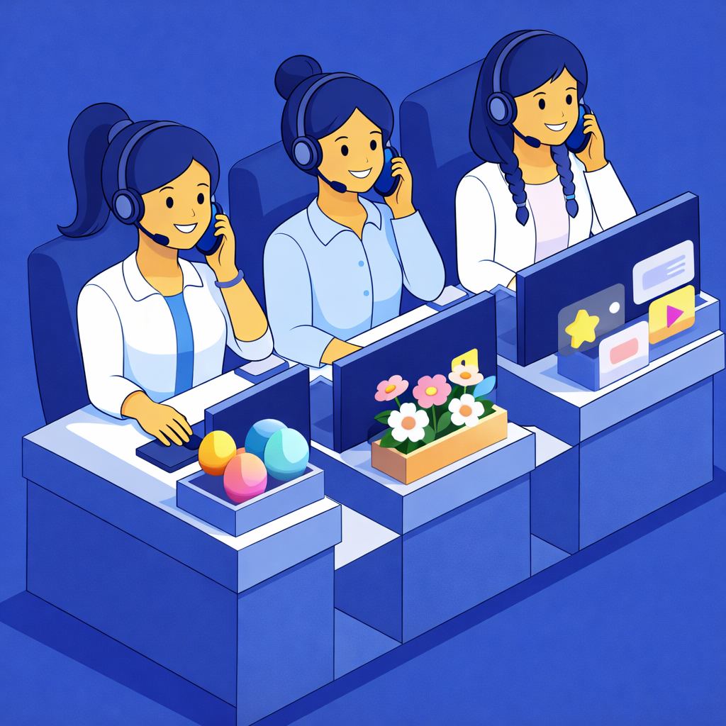 Three female customer service agents with headsets, seated at desks with monitors and colorful desk decorations.