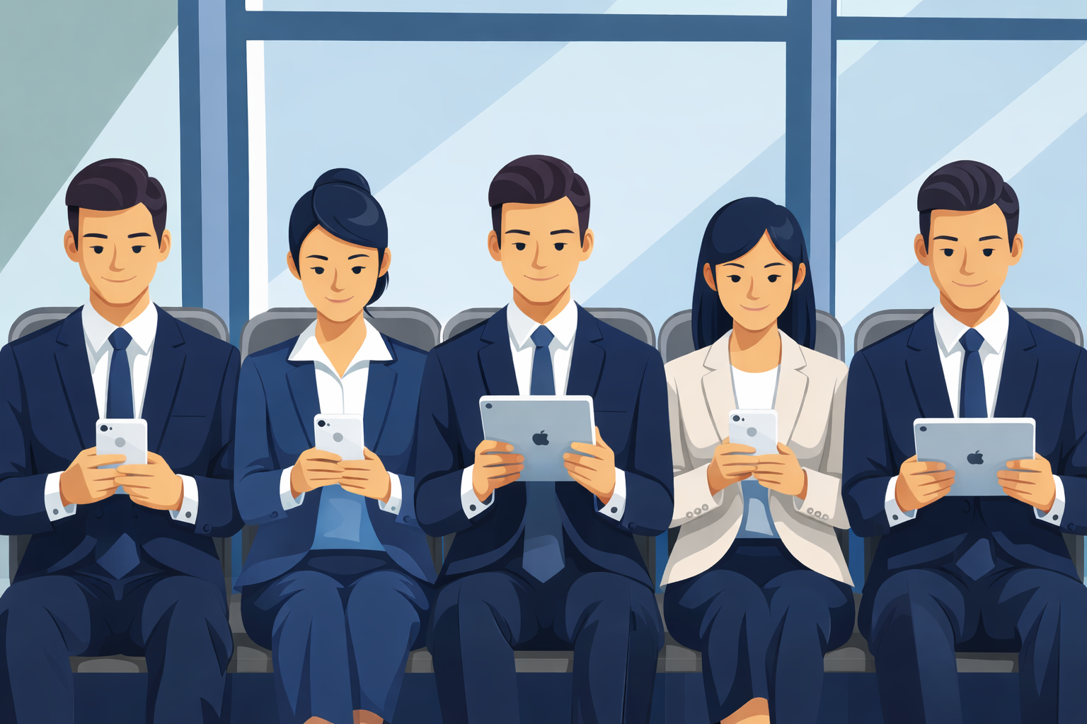Five business professionals in suits seated in a row, using smartphones and tablets in a modern office setting.