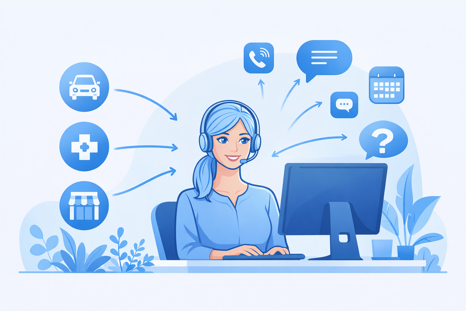 Customer service representative with headset typing at a computer, surrounded by icons of car, medical cross, store, phone call, messages, calendar, and question mark.