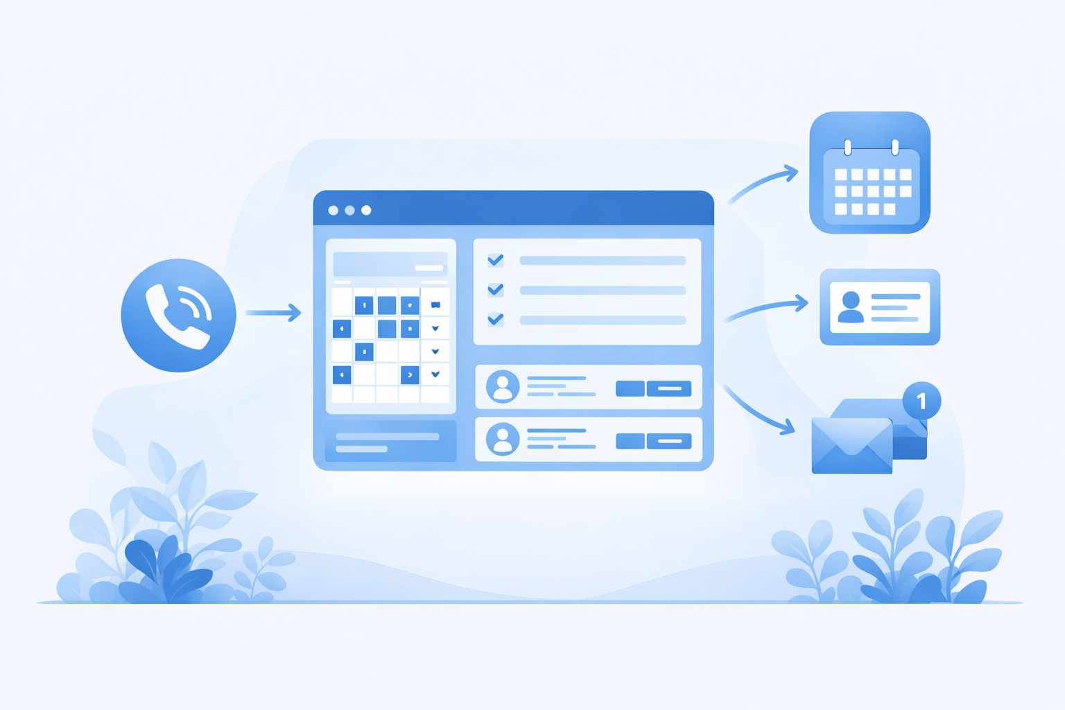 Illustration of a call initiating a digital scheduling interface that outputs a calendar, contact card, and email notification.
