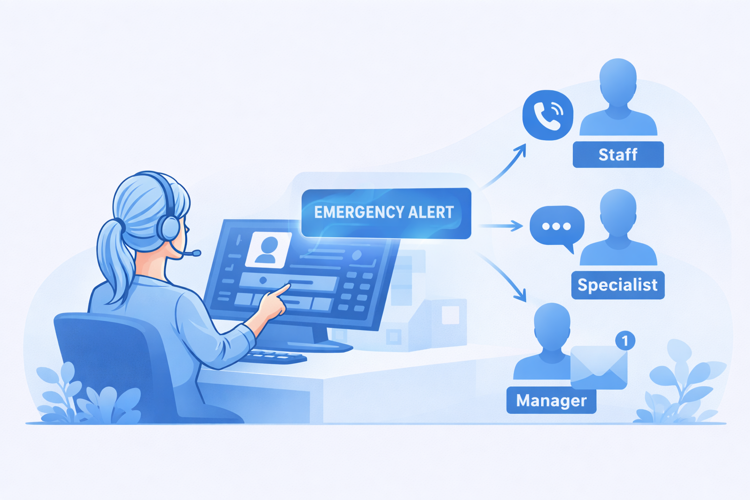 Person wearing a headset at a computer sending an emergency alert to staff by phone, specialist by message, and manager by email.