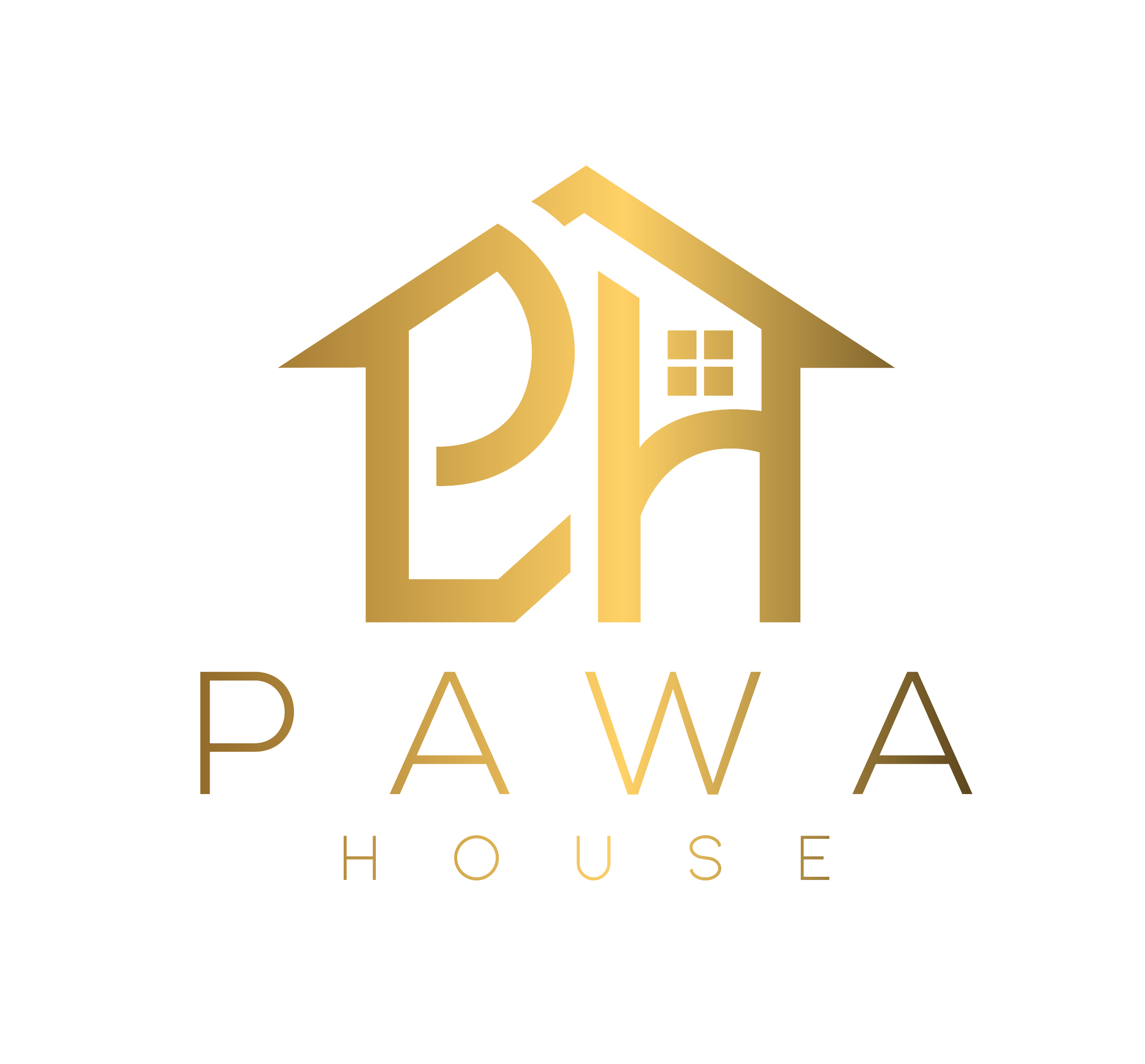 Gold gradient logo combining the letters P and H into a house shape with a window, with text 'PAWA HOUSE' underneath.