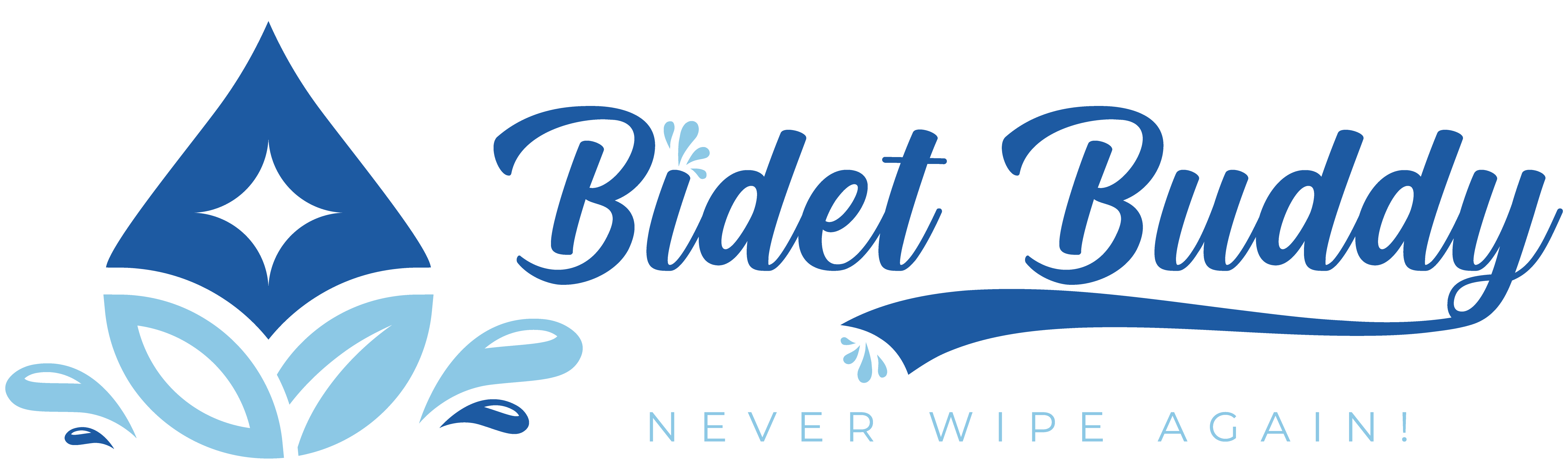 Blue and light blue stylized water droplet logo with splash elements next to the text Bidet Buddy in cursive and the slogan Never Wipe Again.