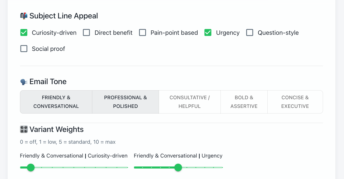 Select multiple tones and subject line appeals and see which ones perform the best