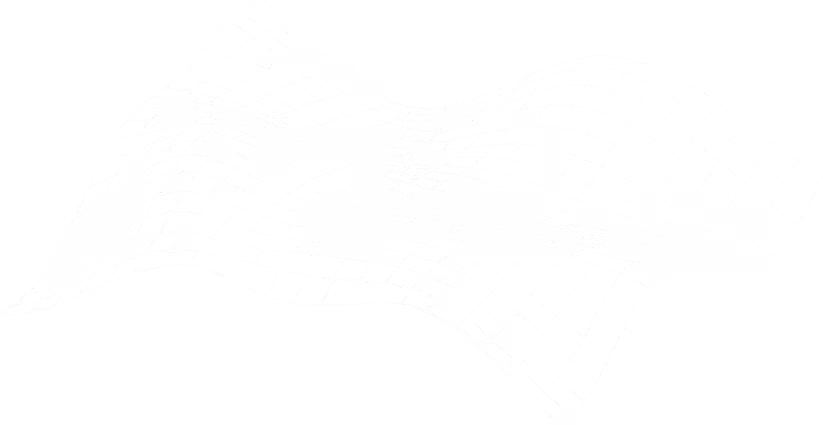 Three-dimensional white wireframe grid with smooth waves on a black background.