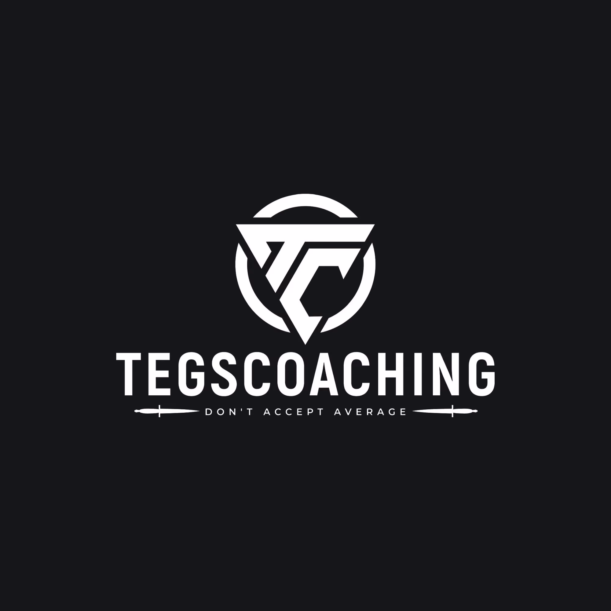 TEGS Coaching logo with stylized letters 'TC' inside a circle and the tagline 'Don't Accept Average' flanked by two daggers.