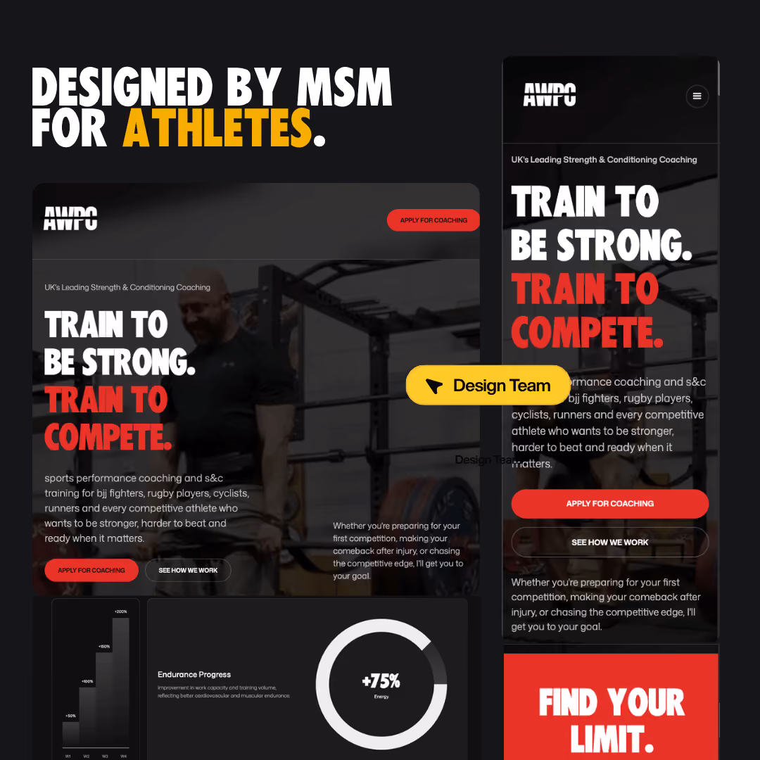 Website design for athletic coaching with slogans: Train to be strong, train to compete, and find your limit.