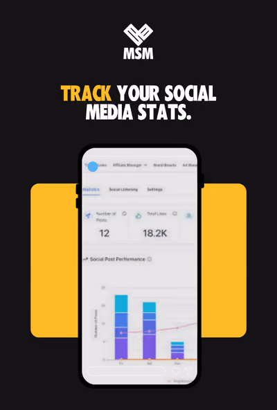 Smartphone showing social media stats dashboard with graphs and data on a black and yellow background.