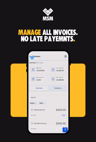 Mobile screen showing invoice app with statuses for sent, accepted, declined, and invoiced amounts.