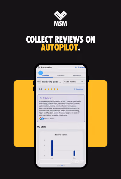 Smartphone screen showing automated review collection with star ratings and client feedback summary.