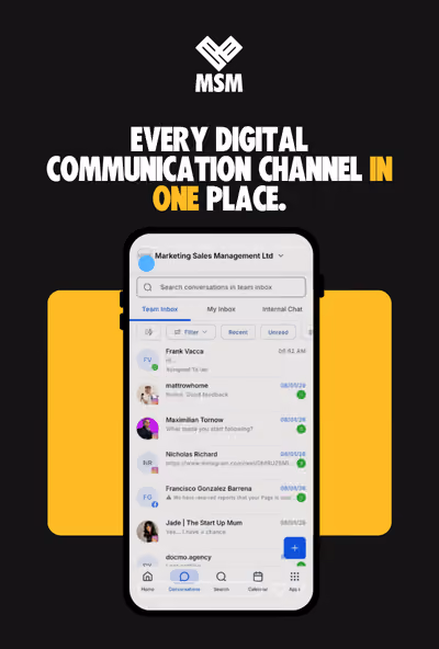 Mobile phone screen displaying a messaging app below text Every digital communication channel in one place.