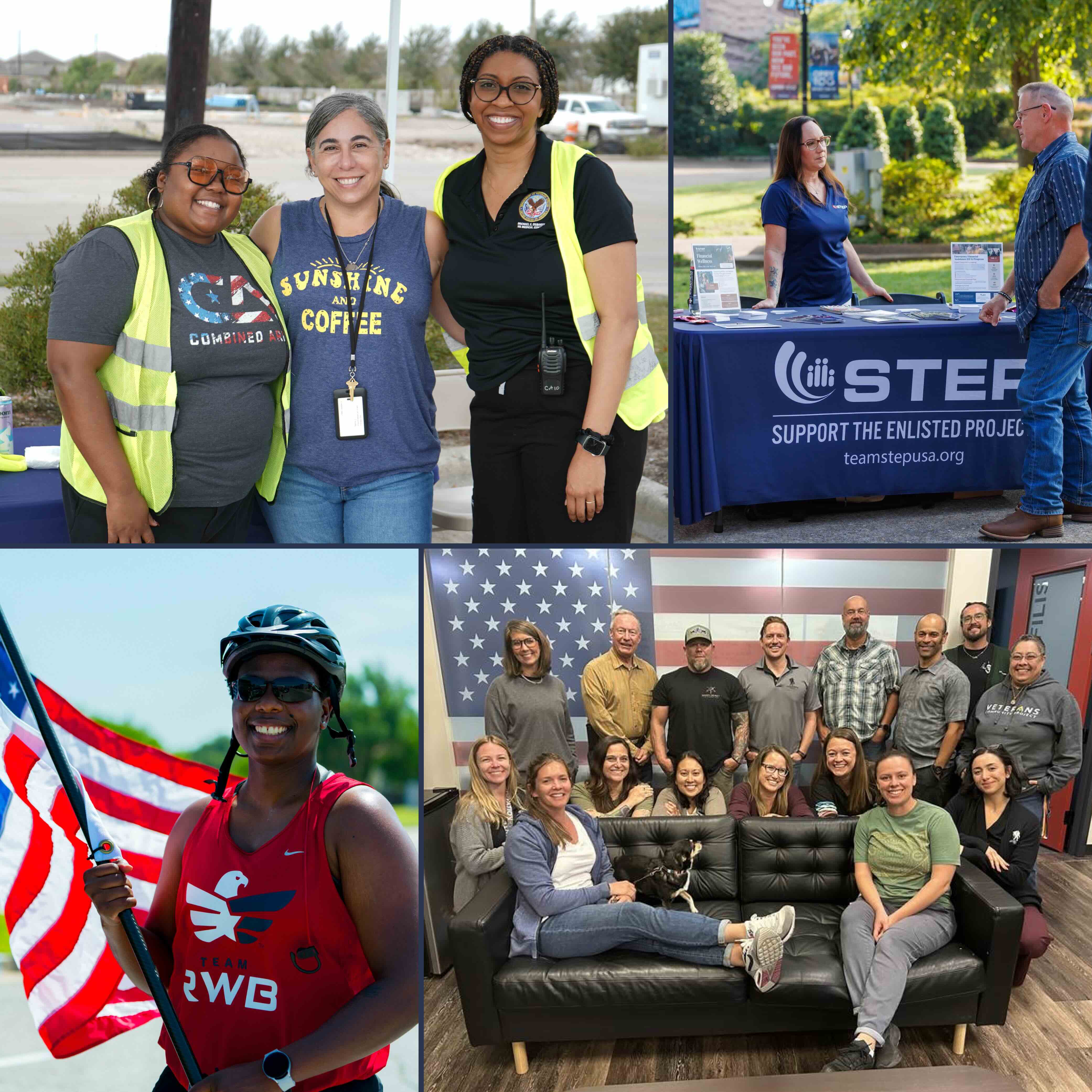 Collage of four photos showing diverse groups of smiling people including three women in safety vests, a person holding an American flag wearing a red Team RWB shirt, a woman talking to a man at a STEP project information table, and a group seated and standing in front of an American flag backdrop with a small dog on the couch.