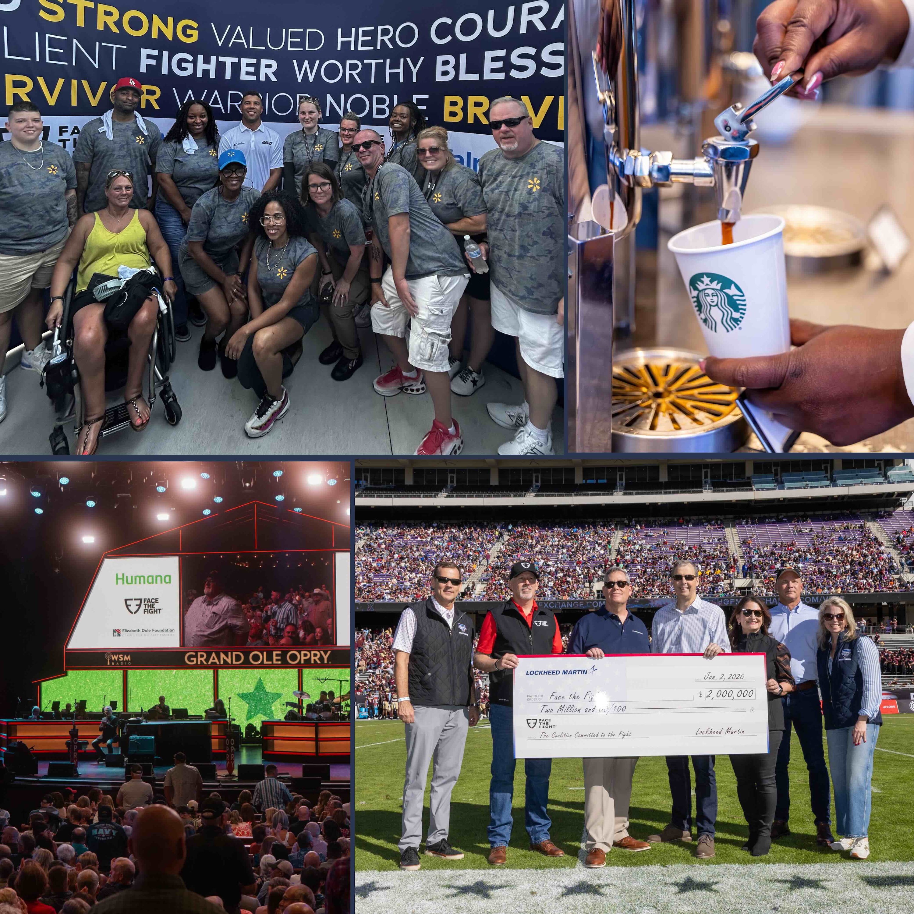 Collage of four images showing a group of people in matching shirts posing in front of a positive word wall, a person pouring coffee into a Starbucks cup, a large audience at the Grand Ole Opry with a Face the Fight display, and a group holding a large $2 million check on a sports field.